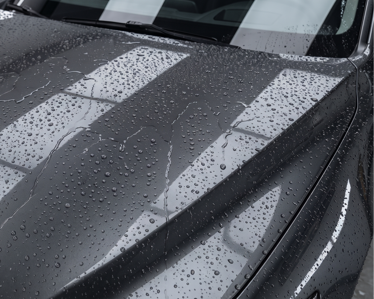 Water droplets on a dark vehicle panel beside a microfiber towel