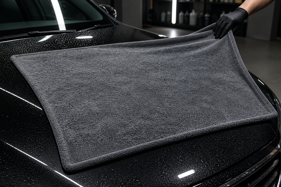 Charcoal microfiber towel drying a car panel